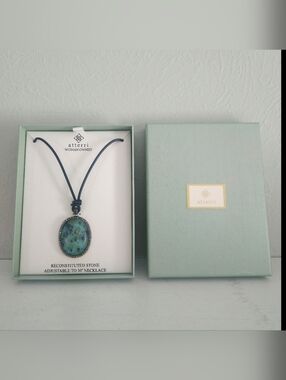 New In Box- Atterri Woman Owned Reconstituted Oval Jadeite Stone Necklace